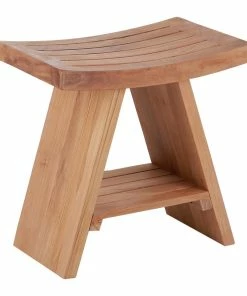 Hot Sale ❤️ Nordic Style Natural Teak Stool With Curved Seat And Shelf 😉