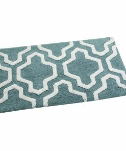 New 😀 Saffron Fabs Anti-Skid Machine Washable Cotton Geometric Bath Rug, Arctic Blue/White, 50"x30" 🎉
