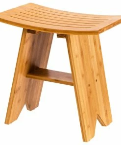 Promo 👍 Costway 18'' Bamboo Shower Seat Bench Bathroom Organizer Stool W/ Storage Shelf 😀