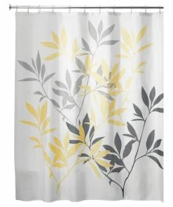 Hot Sale 😉 IDesign Leaves Fabric Shower Curtain, 72"x72", Yellow And Gray 😉