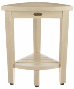 Discount 🛒 CoastalVogue Oasis 15" Teak Corner Shower Bench With Shelf In White Driftwood 👍