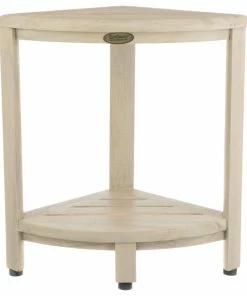 Deals ⭐ CoastalVogue Oasis 18" Teak Corner Shower Bench With Shelf In White Driftwood ✔️